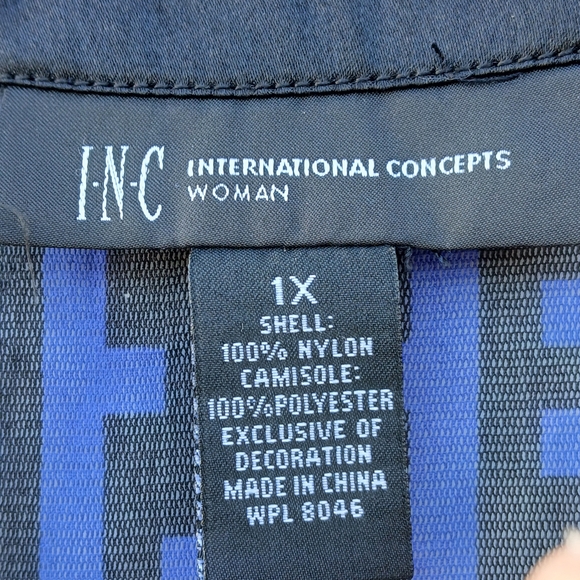 INC International Concepts Royal Blue and Black Geometric Button-Front Blouse - Picture 2 of 14